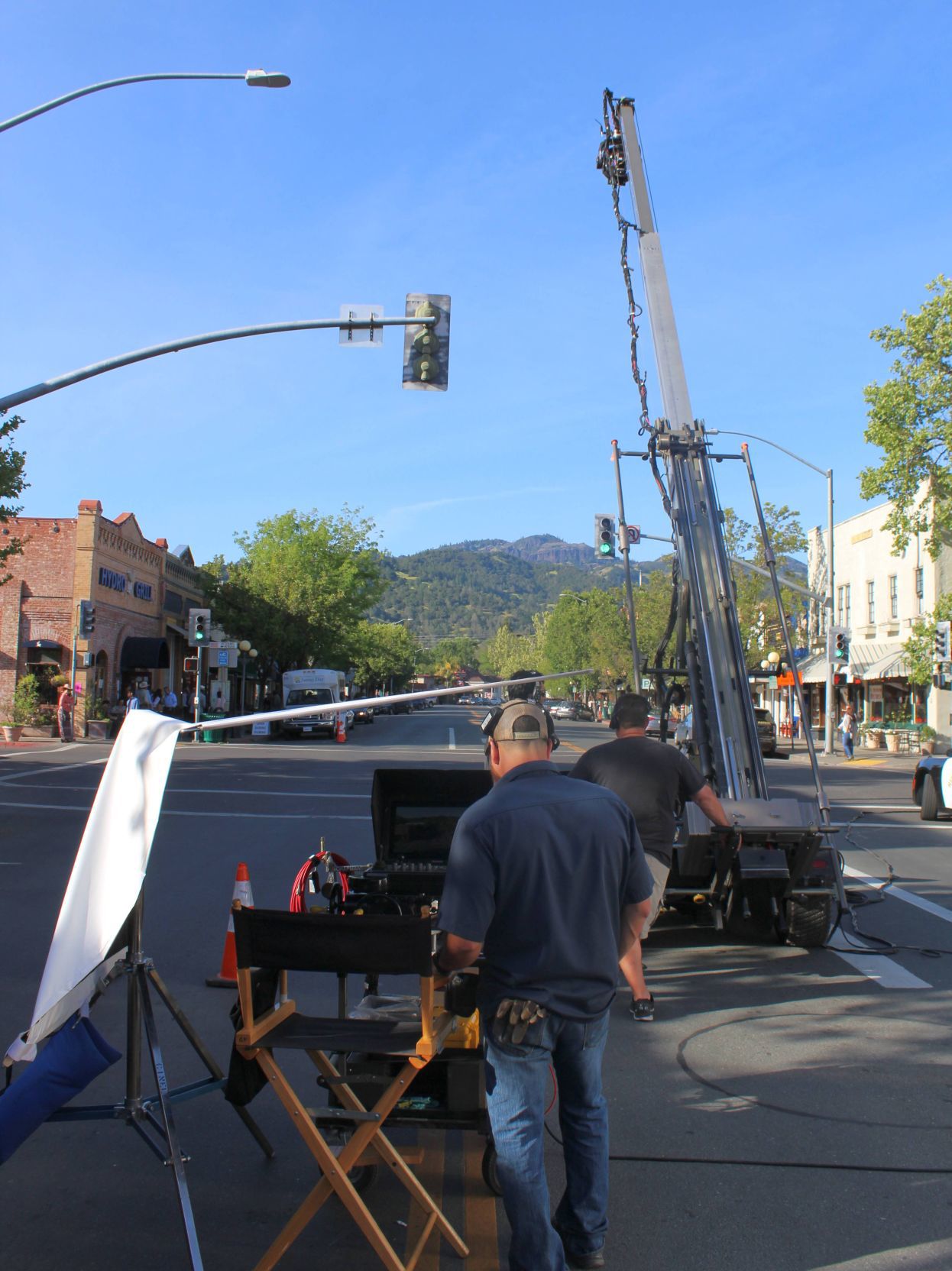 Taking "the long shot" down Lincoln Avenue during the shooting of "Wine Country" in Calistoga